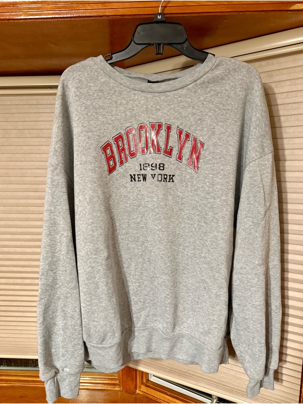 SHEIN Grey Crewneck Sweatshirt with Red Brooklyn Lettering